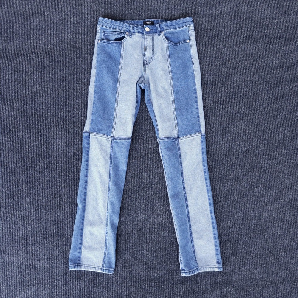 Forever 21 Patchwork Two-Tone Slim Jeans Women Size 32 Blue Colorblock High